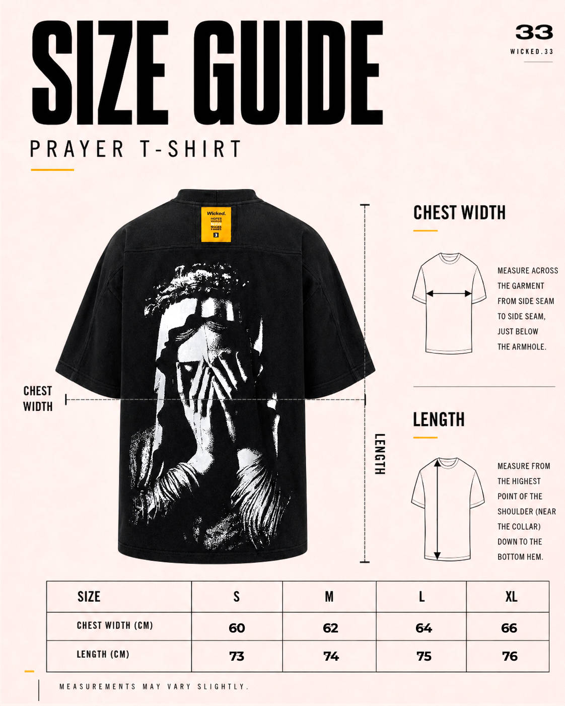 PRAYER T-SHIRT size guide
