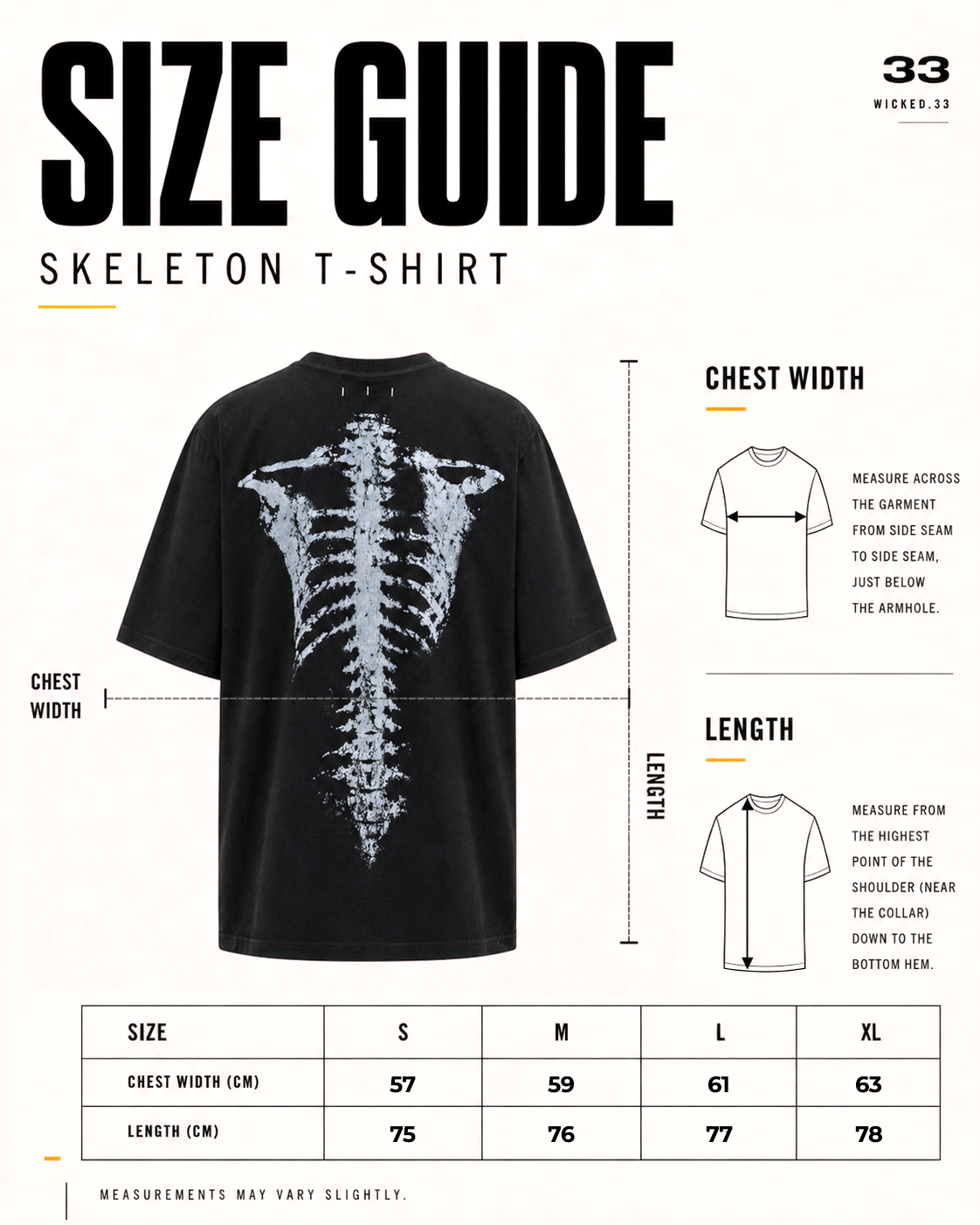SKELETON T-SHIRT size guide