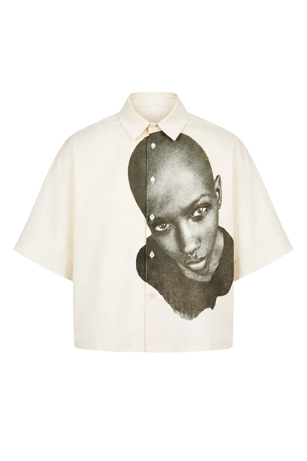 Wicked33 Stare oversized shirt in ecru (off-white), large dark green portrait graphic print on chest