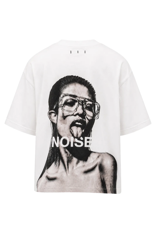 Wicked33 Noise oversized t-shirt in white, large back graphic + minimal front text