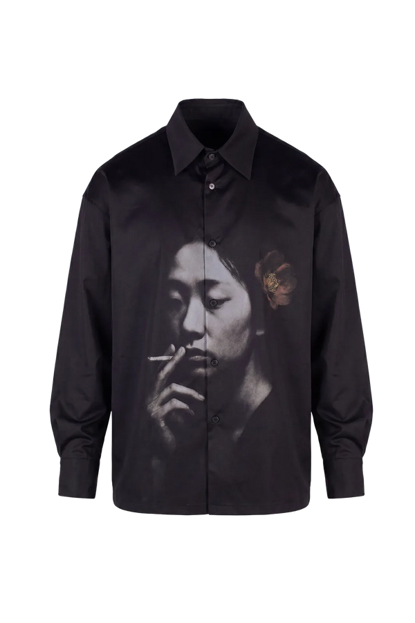 Wicked33 Velvet Ash oversized shirt in black with grey and sepia print, large vintage-inspired print with expressive detailing