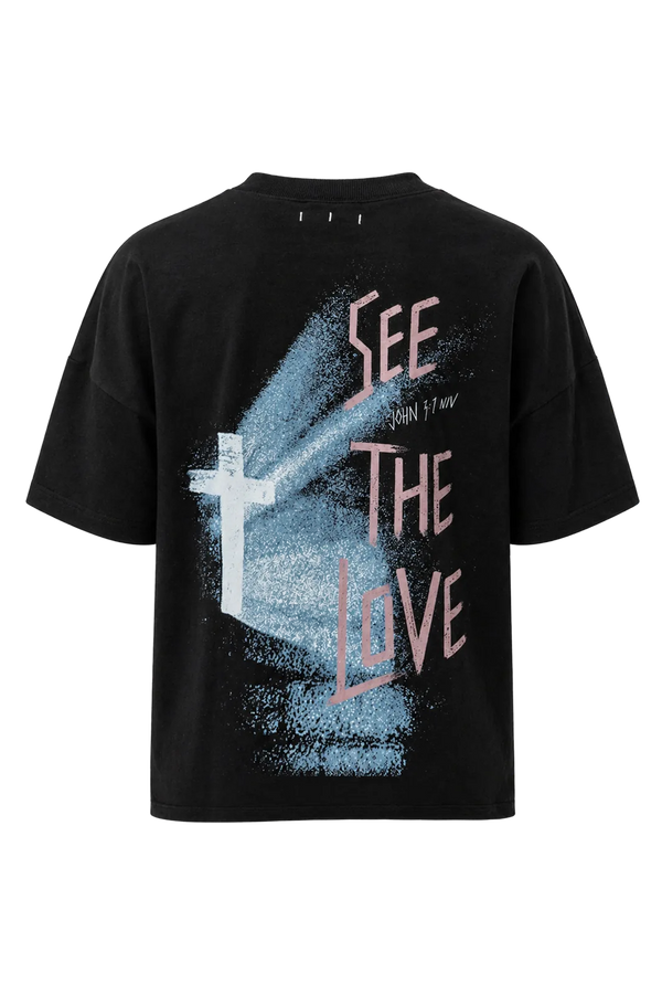 Wicked33 Divine oversized t-shirt in black, “WICKED LOVE” dusty pink text print on chest