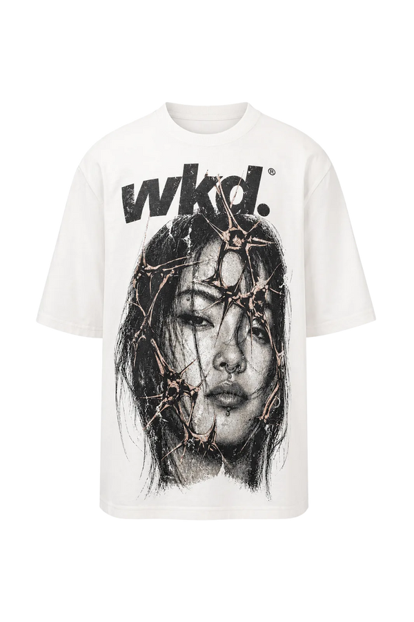 Wicked33 Spike oversized t-shirt in white, “wkd.” distressed text print on chest